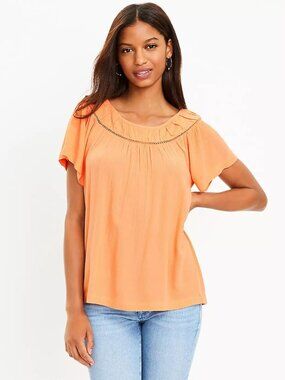 NWT Ann Taylor LOFT Womens Size Medium Orange Cutout Yoke Flutter Sleeve Top NEW